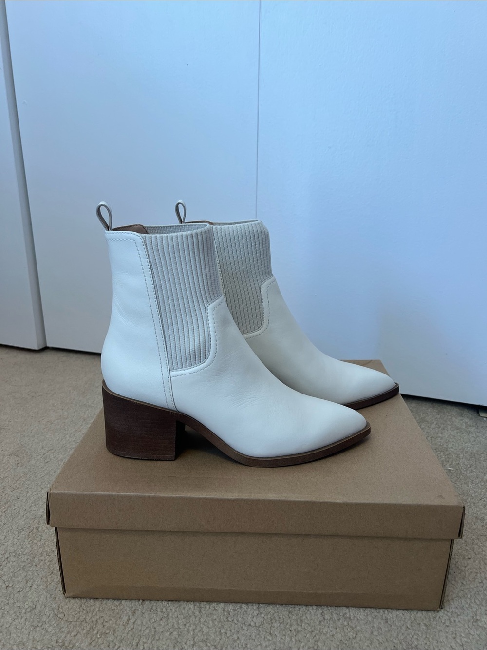 Steve Madden White Leather Block Heel Ankle Boots